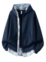 Casual Plaid-panel Full-zip Hoodie