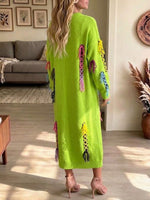 Bohemian-style Long Knitted Dress With Colorful Cord Tassels And A Round Neckline