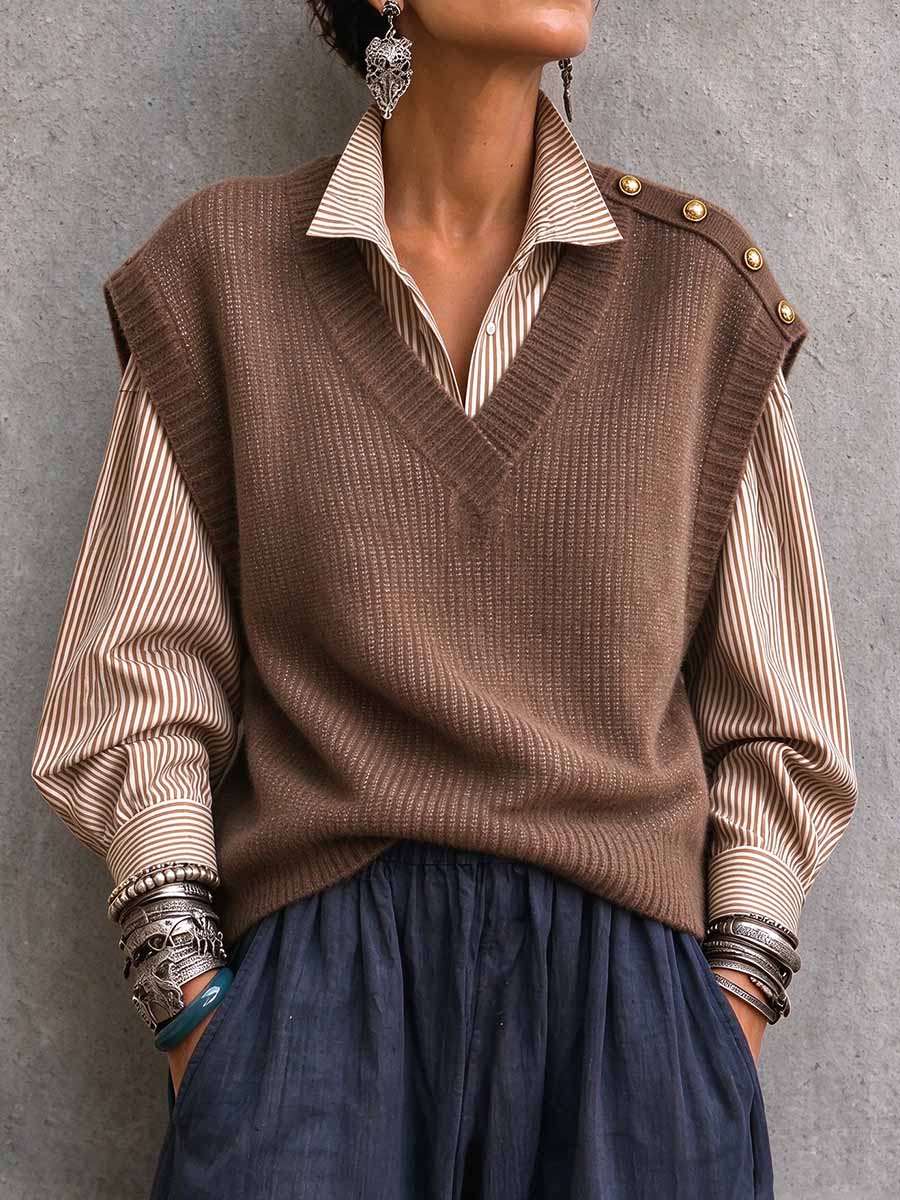 Retro Slouchy Dark Brown V-neck Knit Vest & Striped Long-sleeve Shirt Two-piece Set