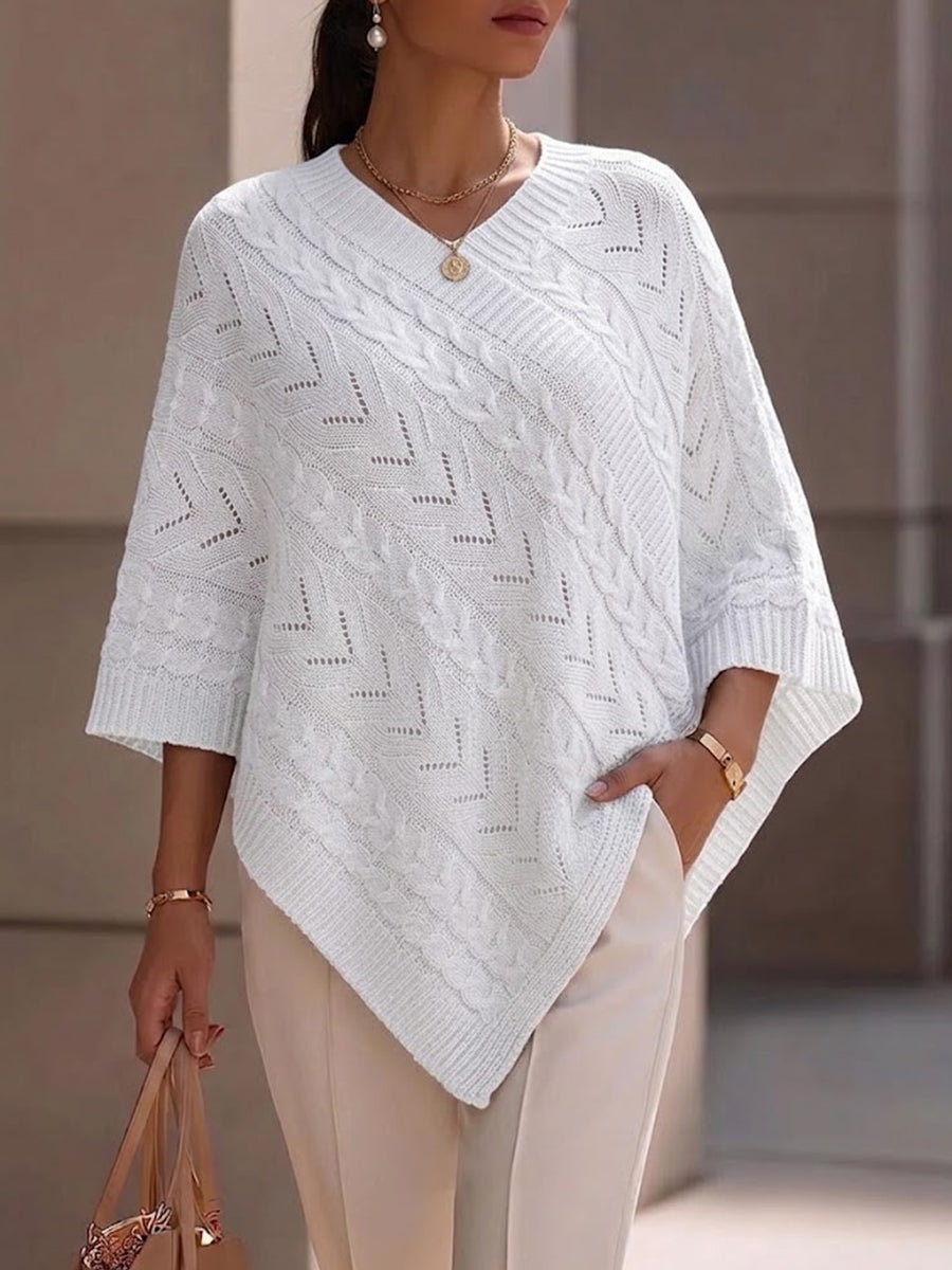 Cable Open‑work V‑neck Cape‑style Knit Top