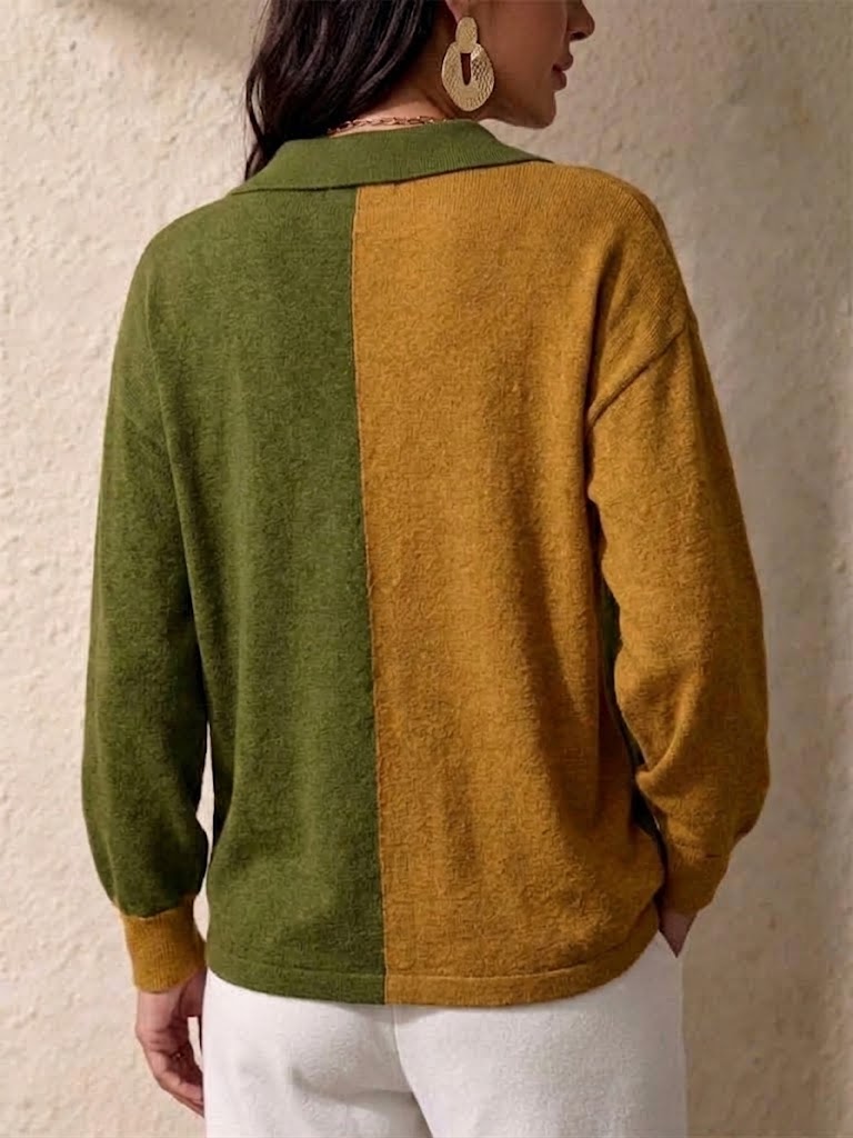 Color-block Loose-fit Knit Cardigan Featuring An Asymmetrical Button Closure, A Lapel Collar, And A Diagonal Front Opening