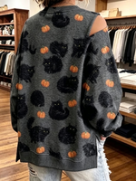 Halloween Black Cat And Pumpkin Print V-neck Off-shoulder Sweatshirt