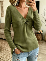 V-neck Twist Front Ribbed Long Sleeve Knit Top