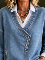 Casual Denim Asymmetric Button Long Sleeve Top