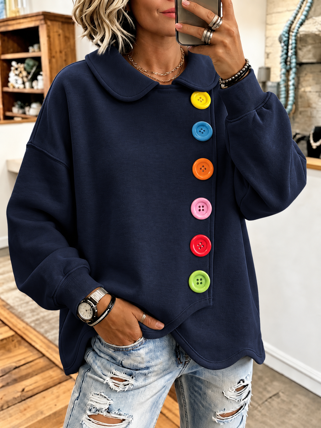 Loose-fit Sweatshirt With A Peter Pan Collar And Colorful Buttons
