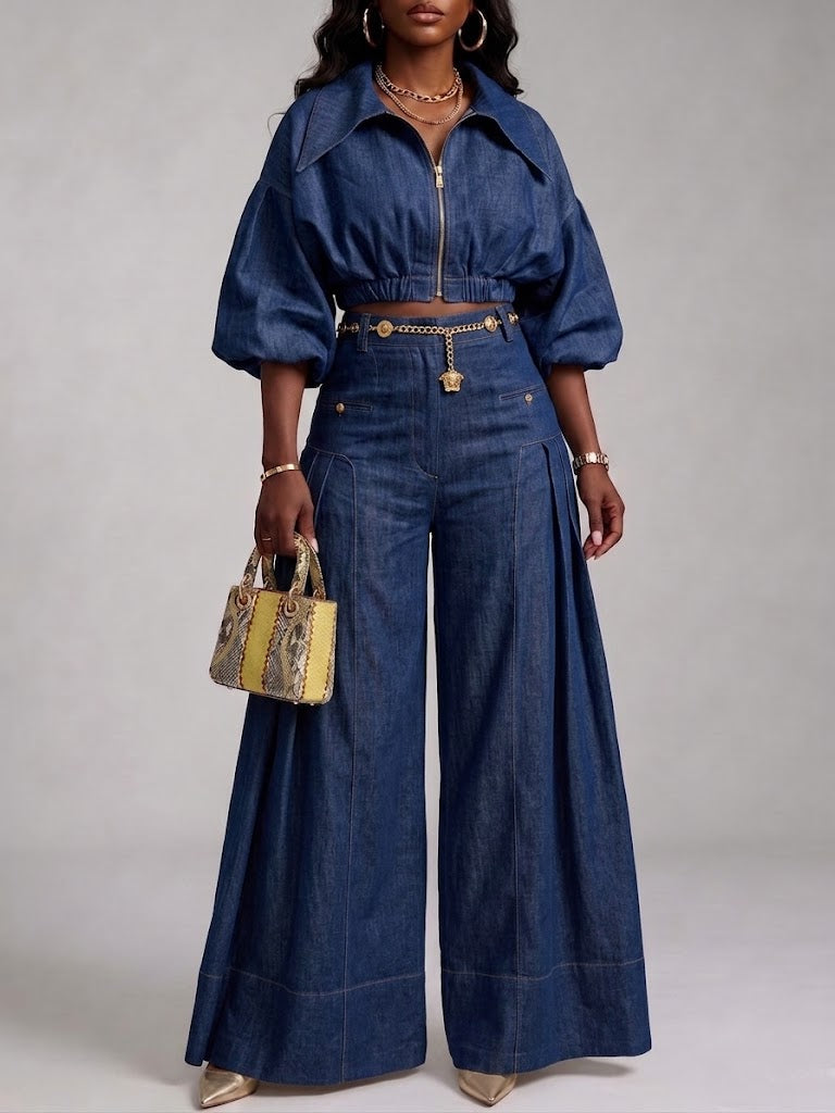 Casual Cropped Zip-up Denim Jacket And Wide-leg Trousers Set