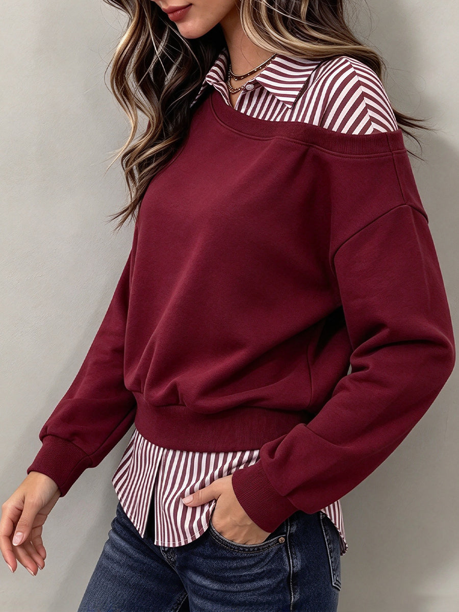 Casual Striped-panel Cotton Sweatshirt (faux-layered Style)