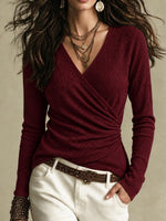 Women's Ribbed Knit Faux Wrap V-neck Ruched Long Sleeve Top