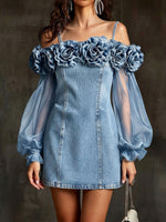 Romantic Three-dimensional Floral Denim Mini Dress