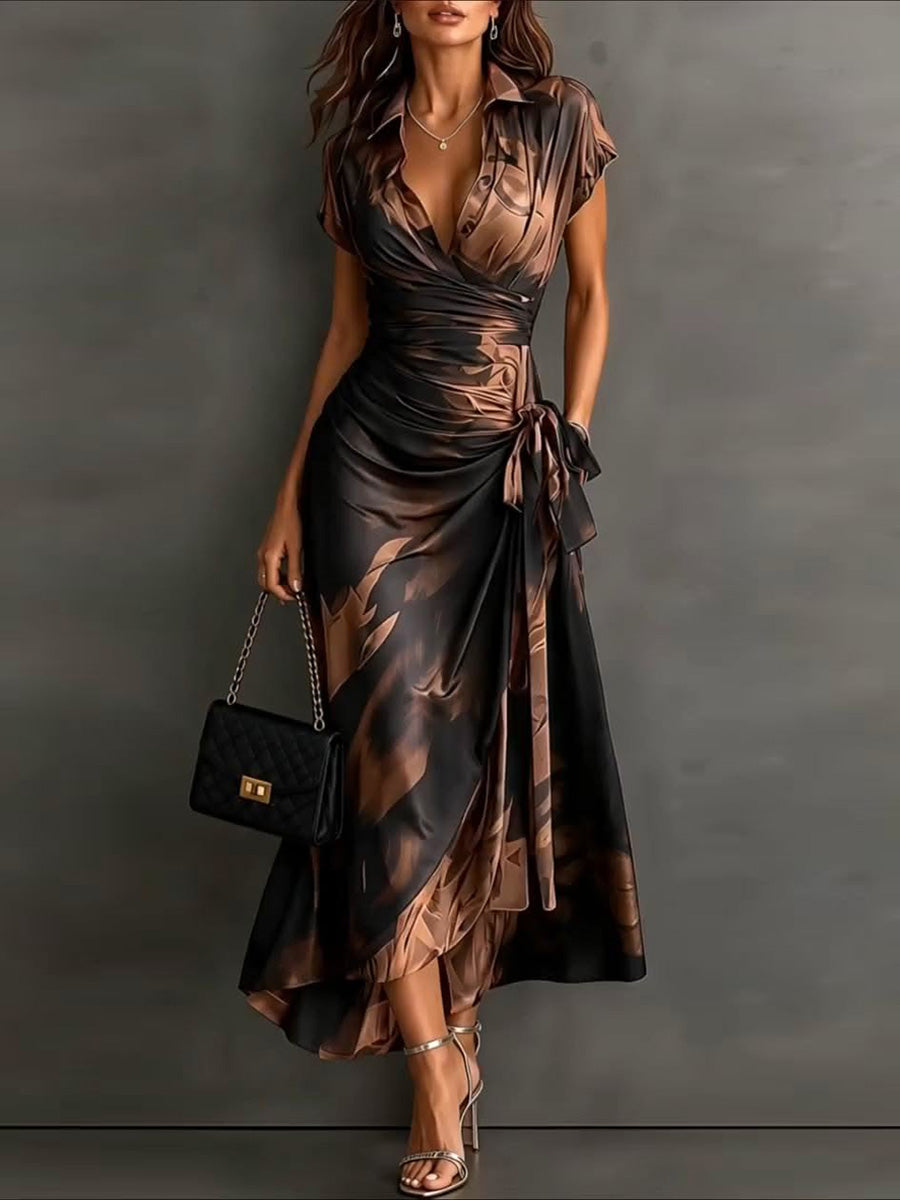 Elegant Deep V-neck Abstract Print Wrap Maxi Dress