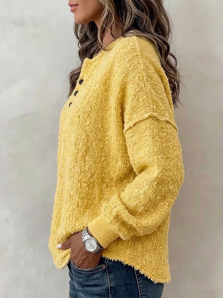 Henley Neck Partial‑button Textured Drop‑shoulder Loose Long‑sleeve Top