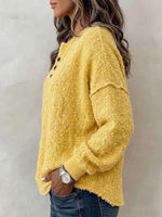 Henley Neck Partial‑button Textured Drop‑shoulder Loose Long‑sleeve Top
