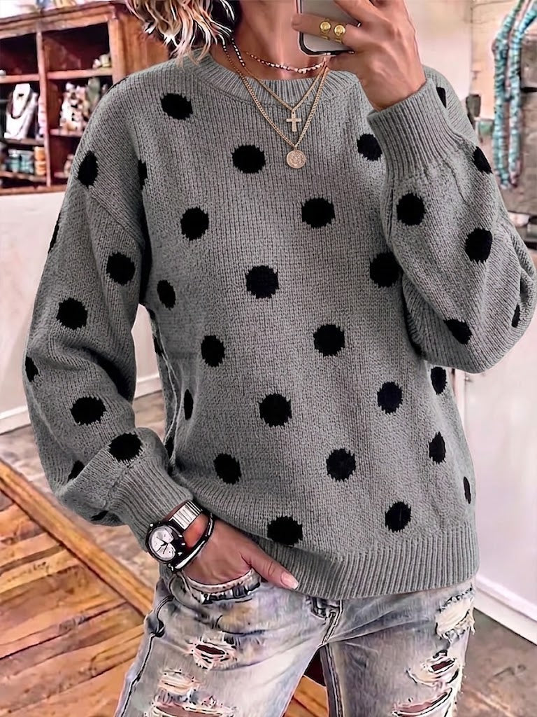 Casual Color-block Polka-dot Long-sleeve Pullover Sweater