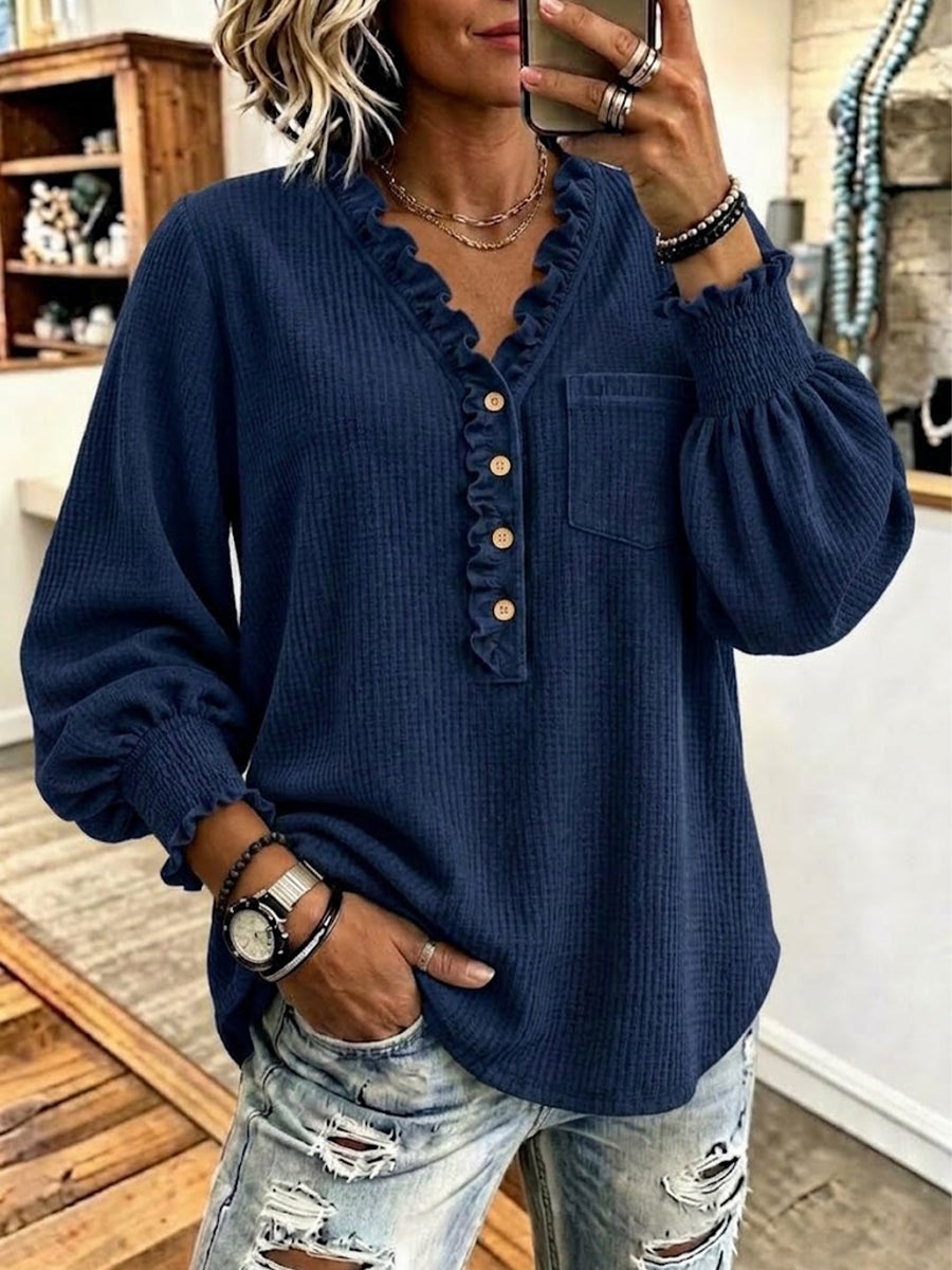 Casual Ruffled Button-front V-neck Top
