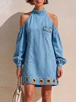 Halter Cold‑shoulder Metal Eyelet Denim Mini Dress