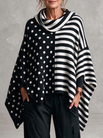 Women's Black And White Polka Dot And Striped Poncho Sweater