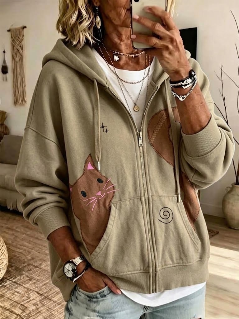 Casual Cat-print Zip-up Hoodie