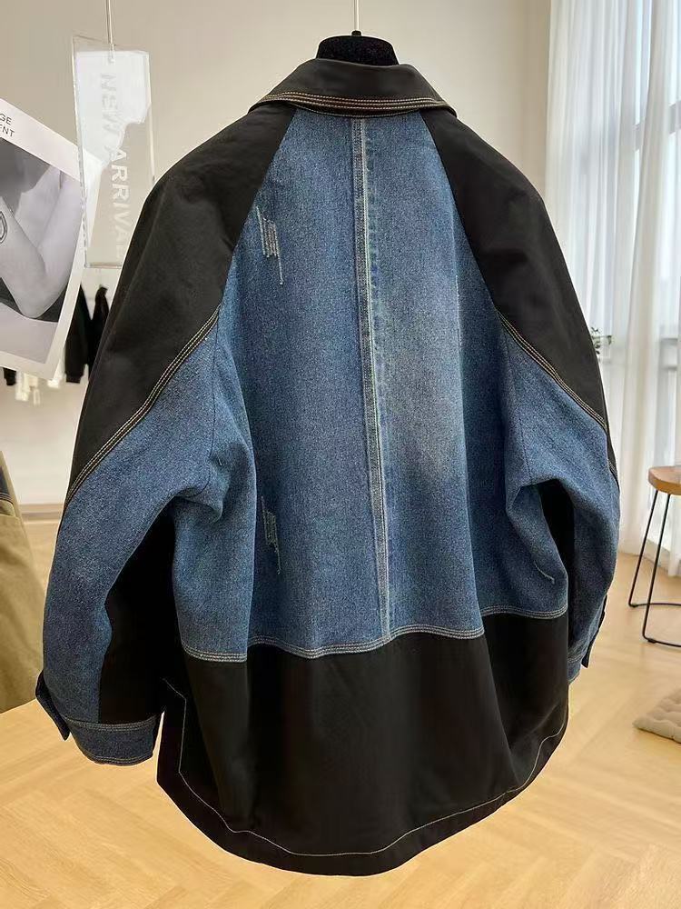 Relaxed-fit Color-block Denim Jacket With Contrast Stitching