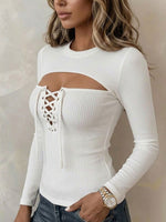 Women's Gradient Leopard Print Cut-out Crew Neck Lace-up Long-sleeve Slim-fit Casual Top