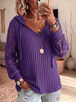 Solid-color Hooded Long-sleeve Lace-knit Top With Cut-out Details