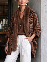 Boho Relaxed Open-front Faux Fur Trim Leopard Print Cardigan