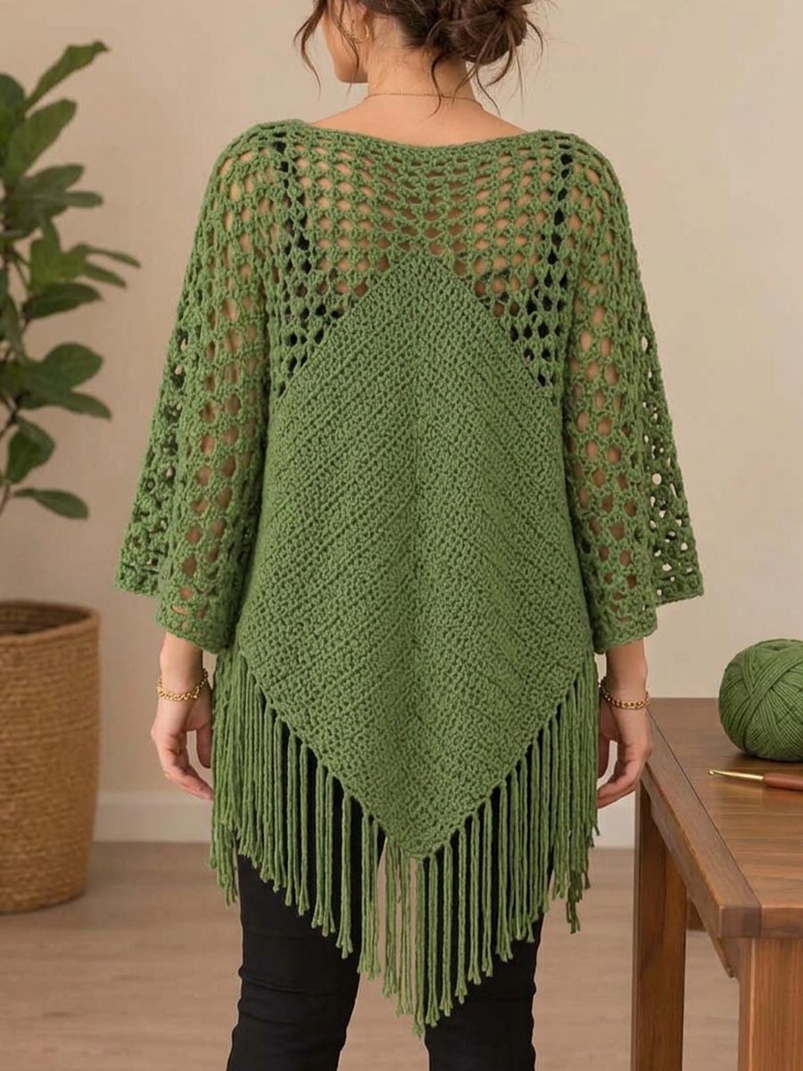 Women's Crochet V-neck Fringed Poncho Top