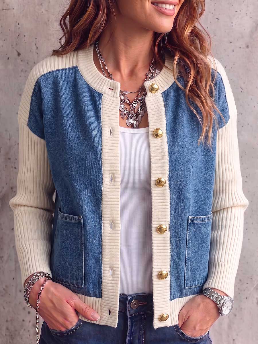 Women's Round Neck Long Sleeve Casual Loose Knitted Patchwork Denim Cardigan