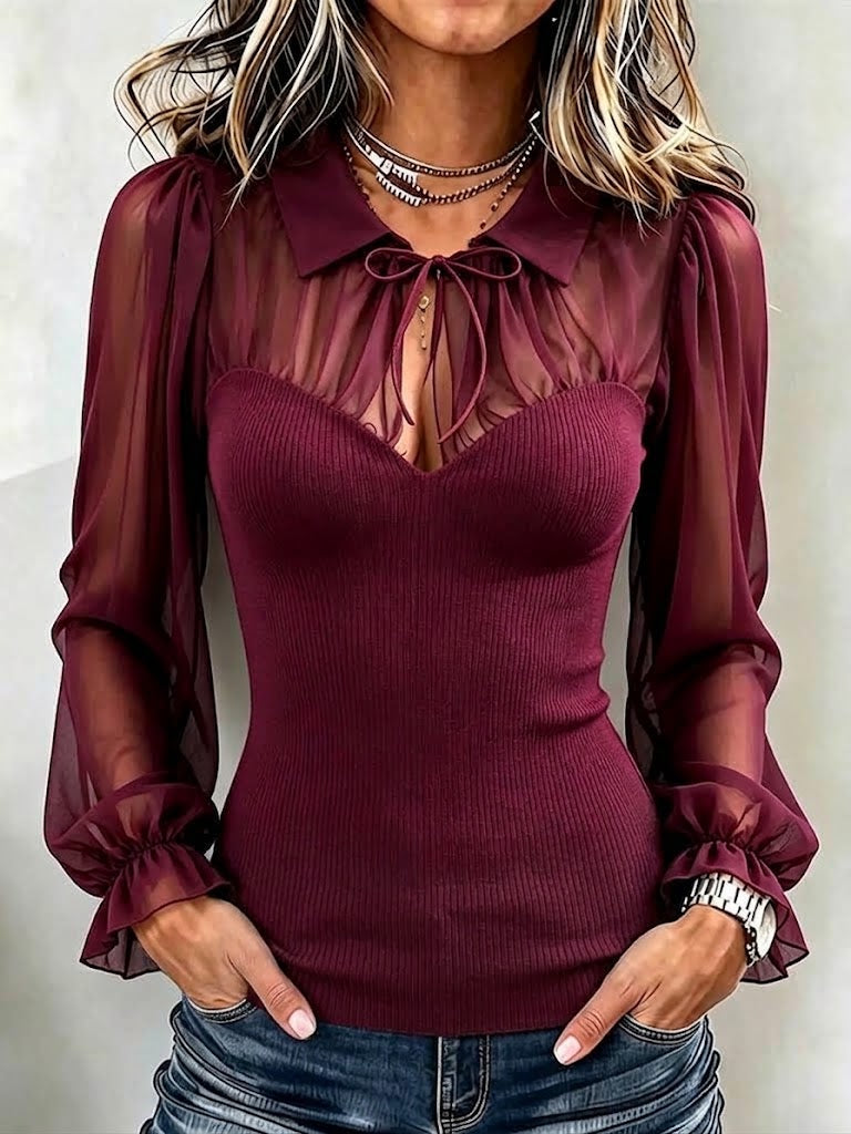 Chic Chiffon And Ribbed Knit Spliced top