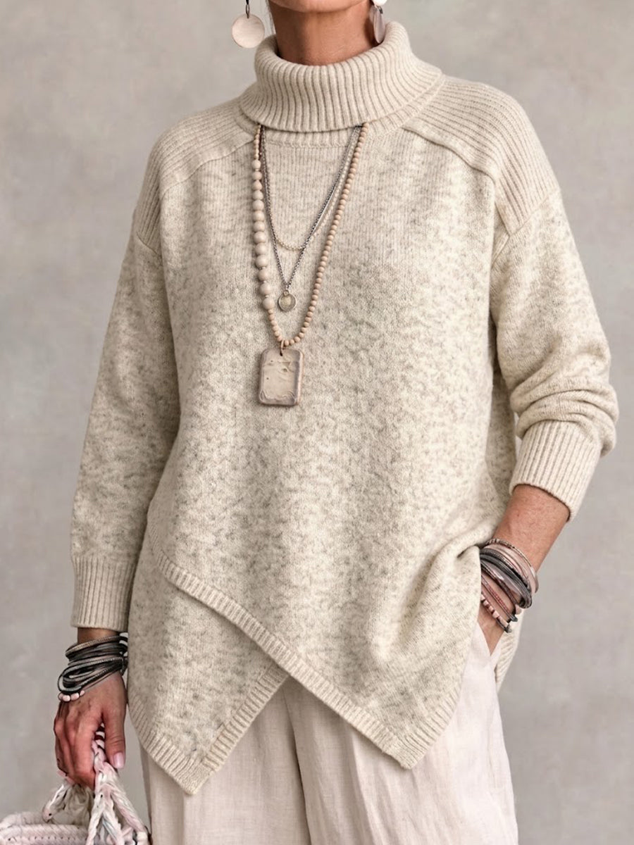 High-neck Asymmetric Hem Knit Sweater