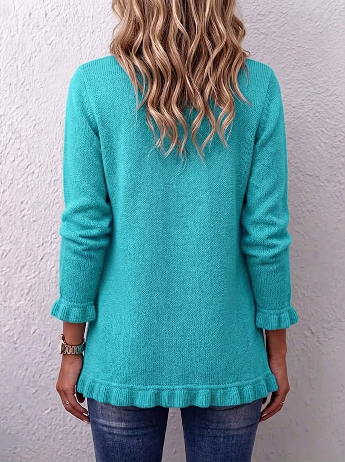 Turquoise Ruffle Trim Double-Breasted Knit Cardigan