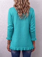 Turquoise Ruffle Trim Double-Breasted Knit Cardigan