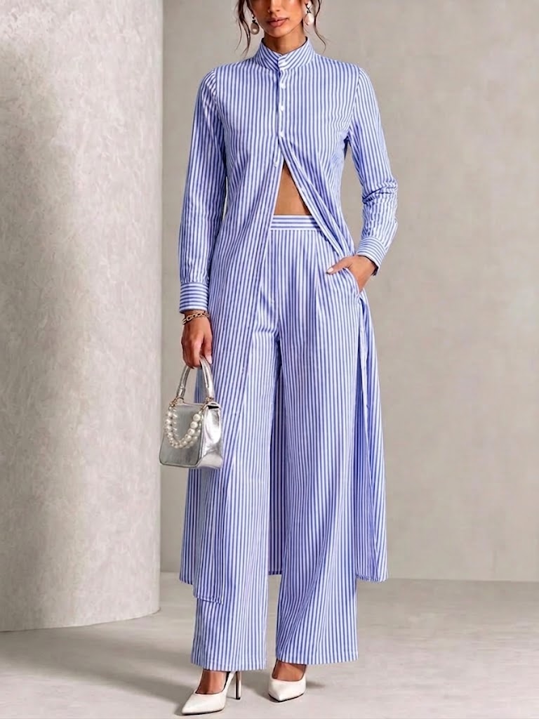 Vertical-striped Stand-collar Shirt And Wide-leg Trousers Two-piece Set