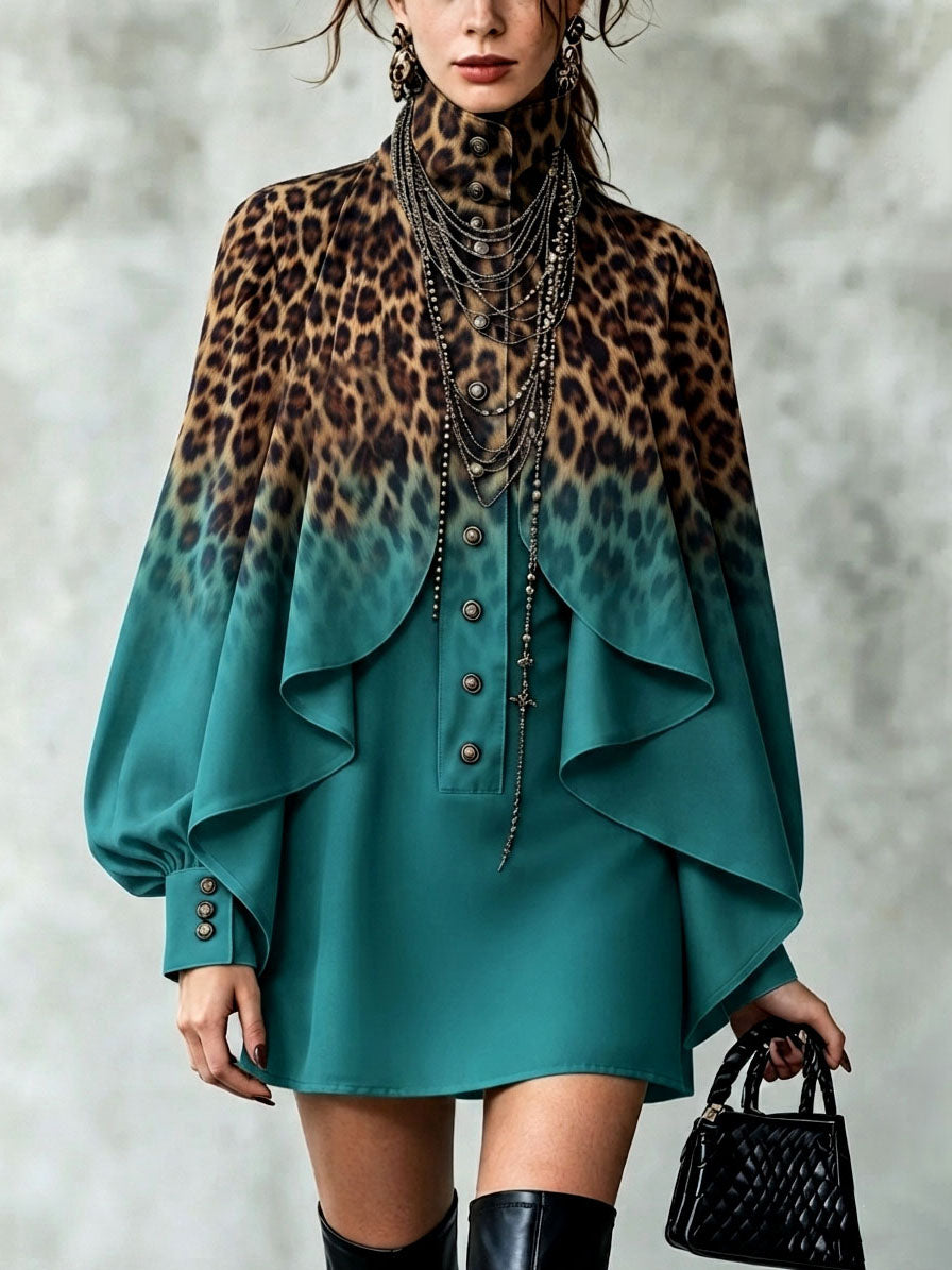 Chic Bold Leopard-print Cape-style Mini Dress