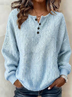 Henley Neck Partial‑button Textured Drop‑shoulder Loose Long‑sleeve Top