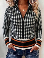 Houndstooth Zip-up Knit Cardigan With Stand Collar
