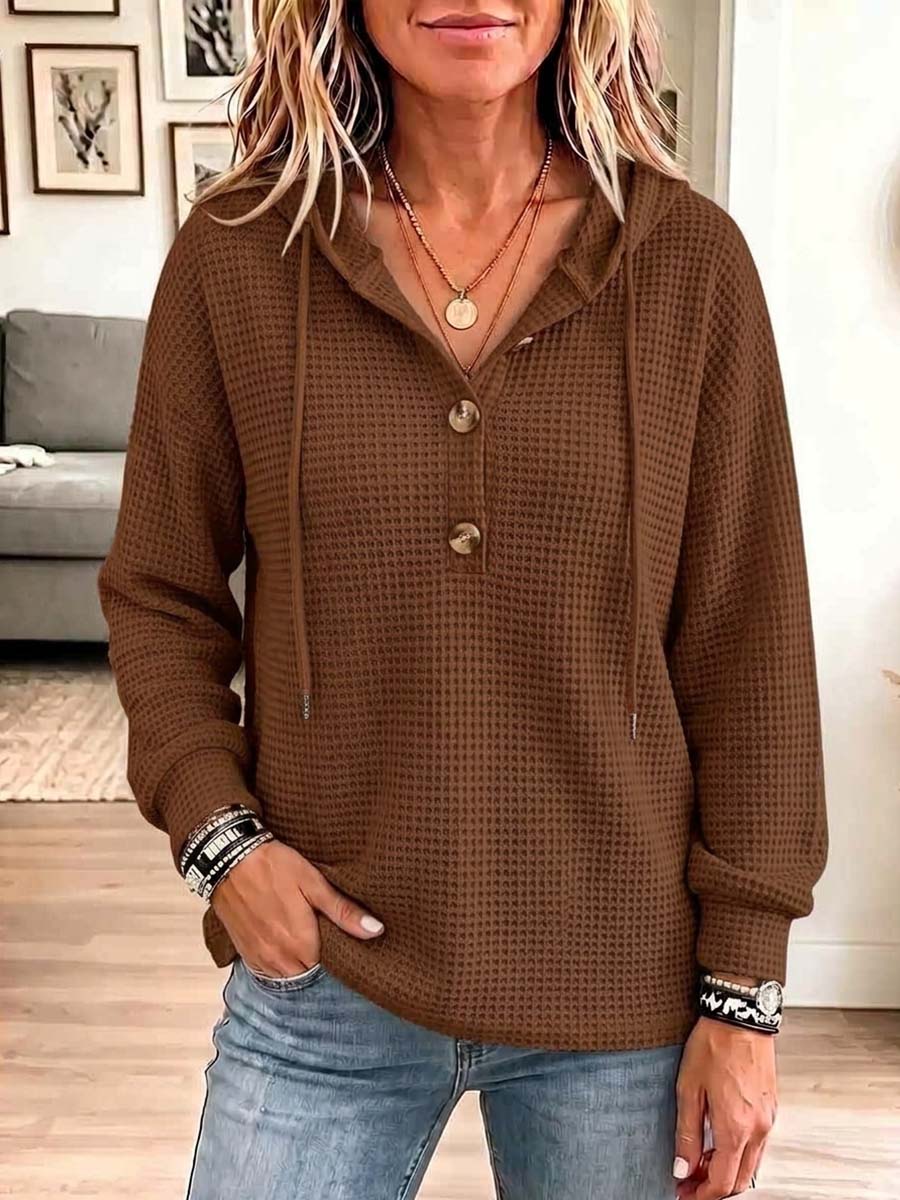 Women's Solid Color V-neck Long-sleeve Casual Loose Waffle Knit Hooded Top