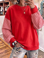 Chic Red Gingham Patchwork Crewneck Sweatshirt