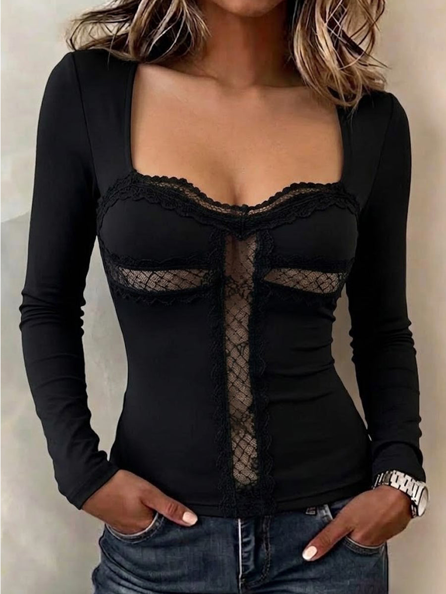 Square Neck Lace Sheer Panel Fitted Long Sleeve Top
