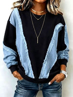 Chic Colorblock Sweatshirt With Raw-edge Denim Paneling