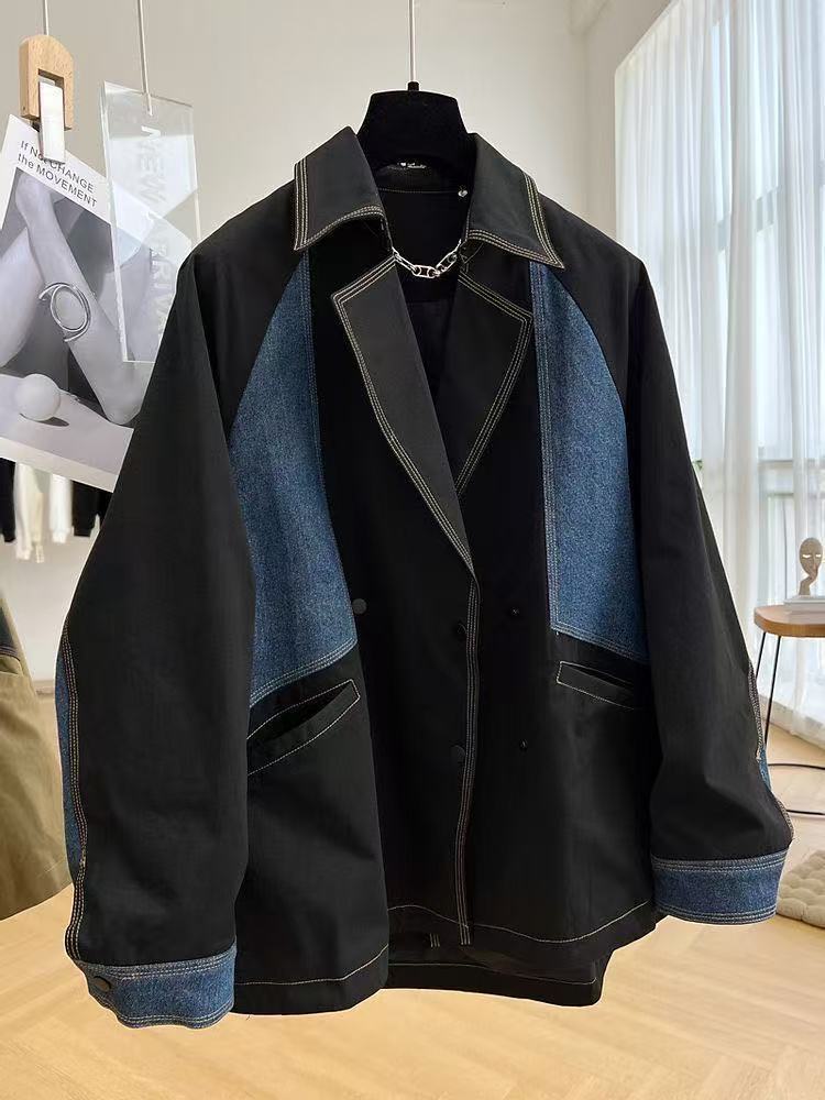 Relaxed-fit Color-block Denim Jacket With Contrast Stitching