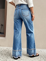 Scallop-Hem Button-Accent Denim Jeans