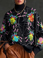 Cozy, Colorful Knit Turtleneck Featuring A Spider And Web Print.