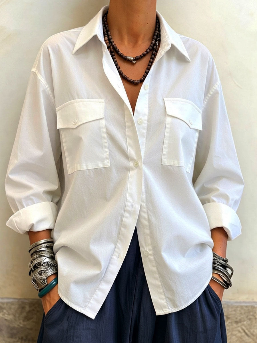 Classic Stylish Casual White Loose Button-down Shirt