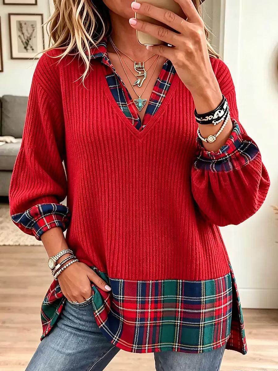 Christmas-themed Casual Plaid-paneled Ribbed Knit Top