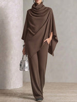 Two-piece Set Featuring A High-neck Cape-style Top And Wide-leg Trousers