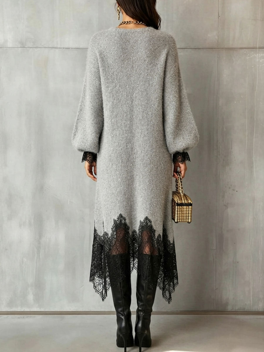Elegant Cozy Shimmer Knit Midi Dress With Lace Trim