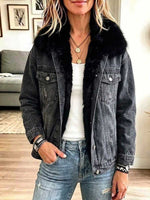 Women's Faux Fur Collar Patchwork Casual Loose Denim Jacket