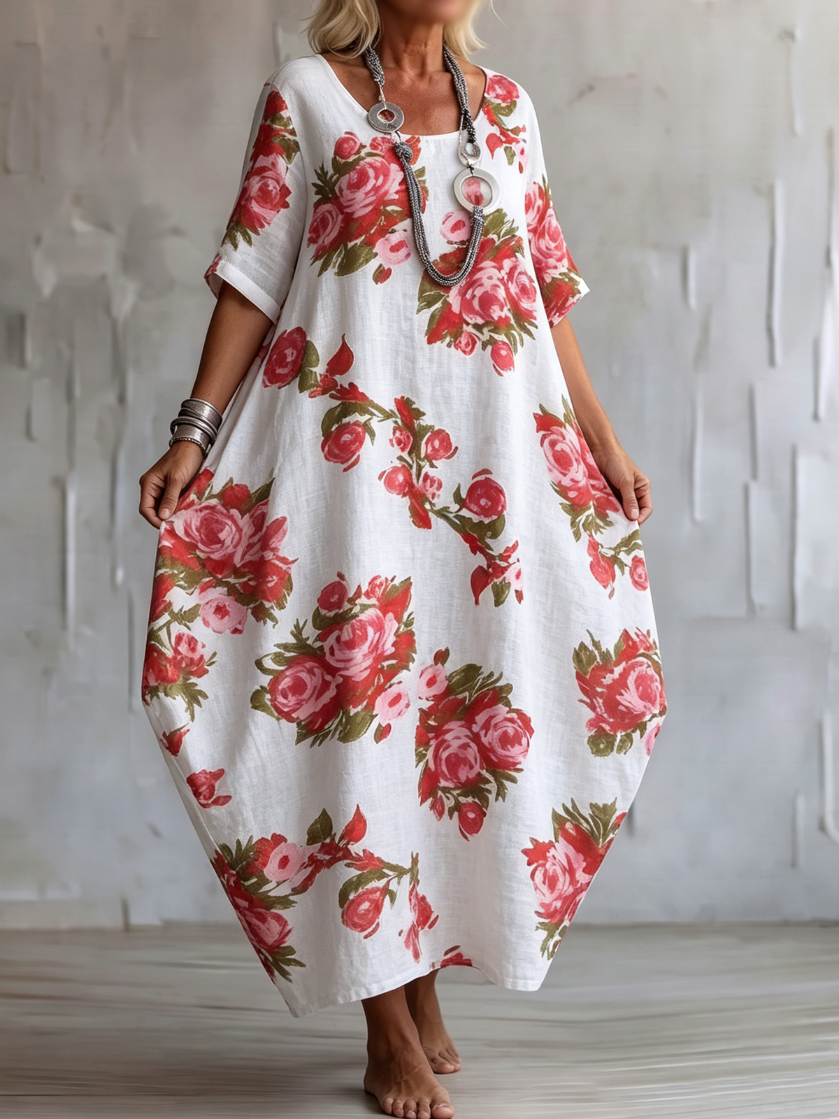 Bohemian Floral Print Silhouette Two-way Cotton-linen Dress