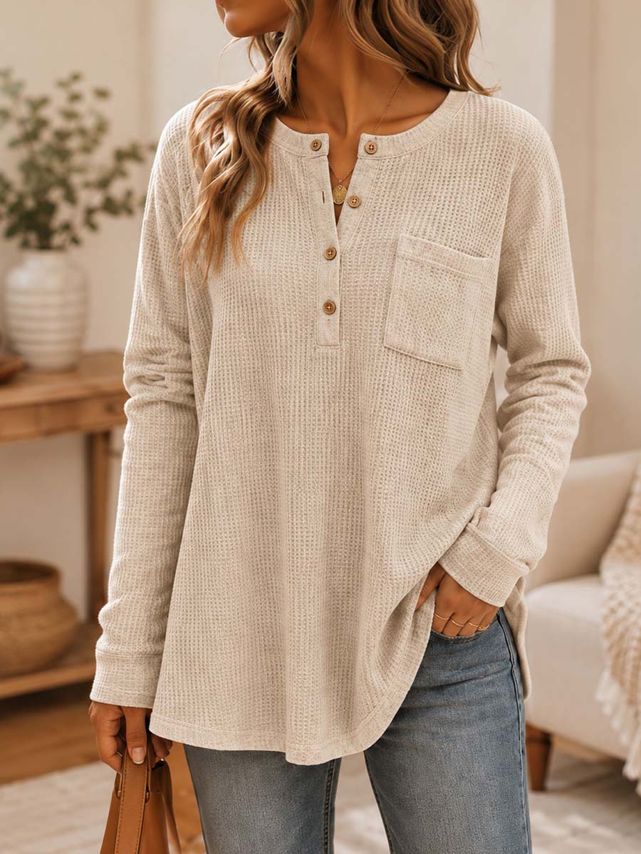 Women's Solid Color Long-sleeve Casual Loose Waffle-knit Top With Cardigan-style Collar