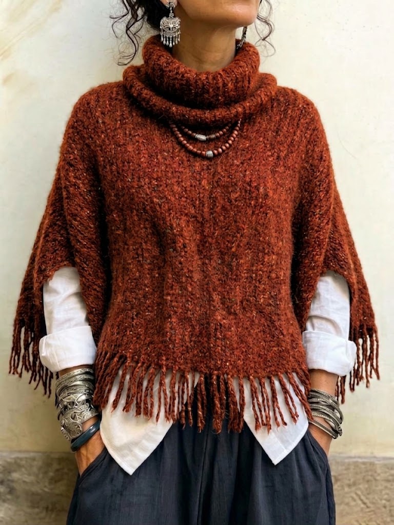 Turtleneck Fringe Knit Cape-style Top